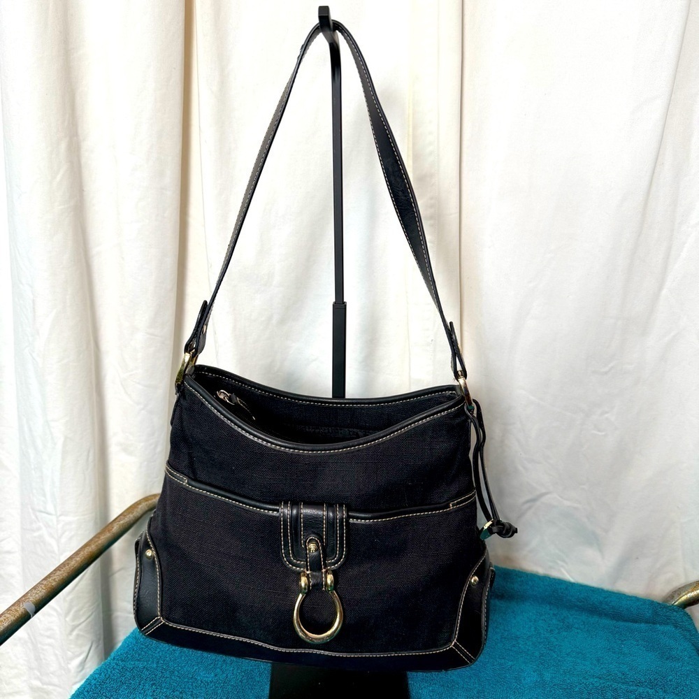 Etienne Aigner VTG Black Fabric & Faux Leather Handbag Women's Small Logo Purse